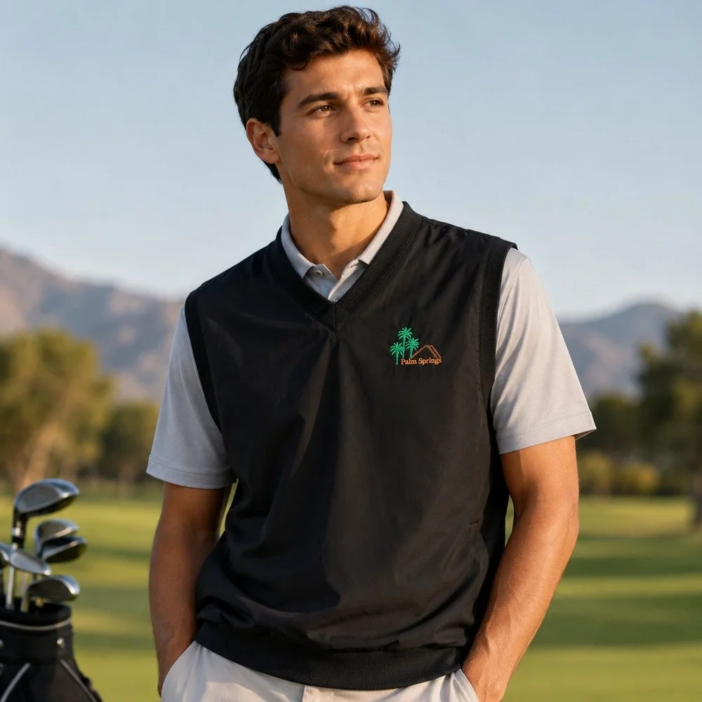 Tri-Mountain Mens Palm Springs Windbreaker Vest Black V-Neck Golf Pullover Small